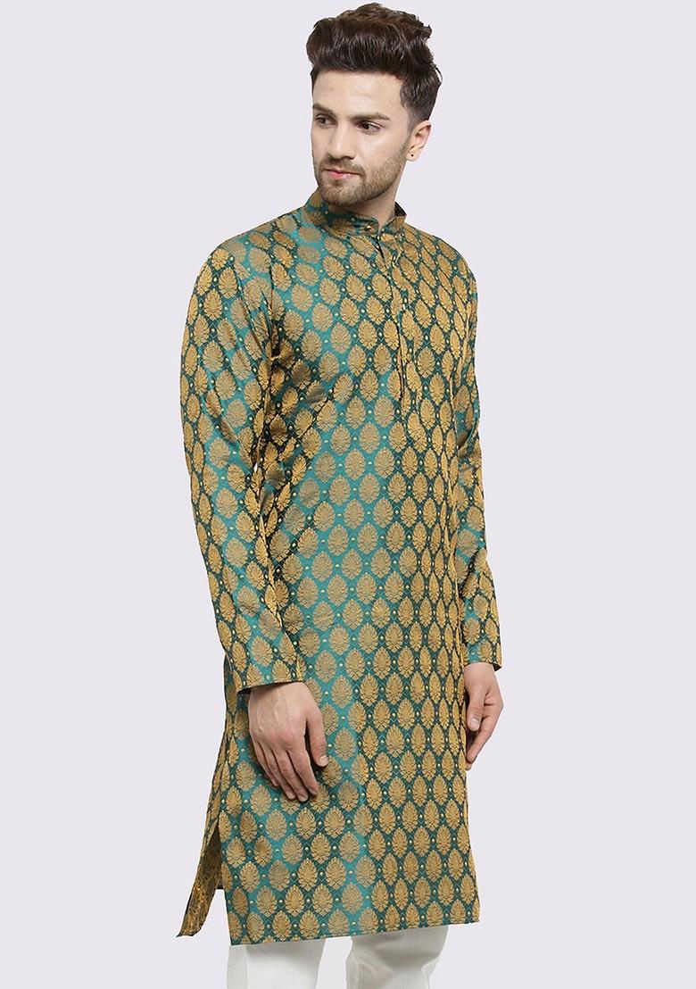 Green Woven Design Poly Blend Kurta For Men