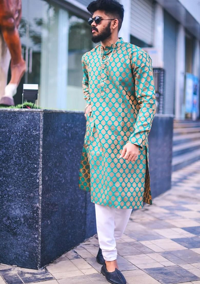 Green Woven Design Poly Blend Kurta For Men