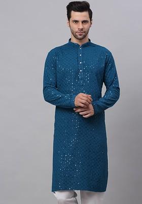 Teal Blue Embroidered Poly Blend Kurta For Men