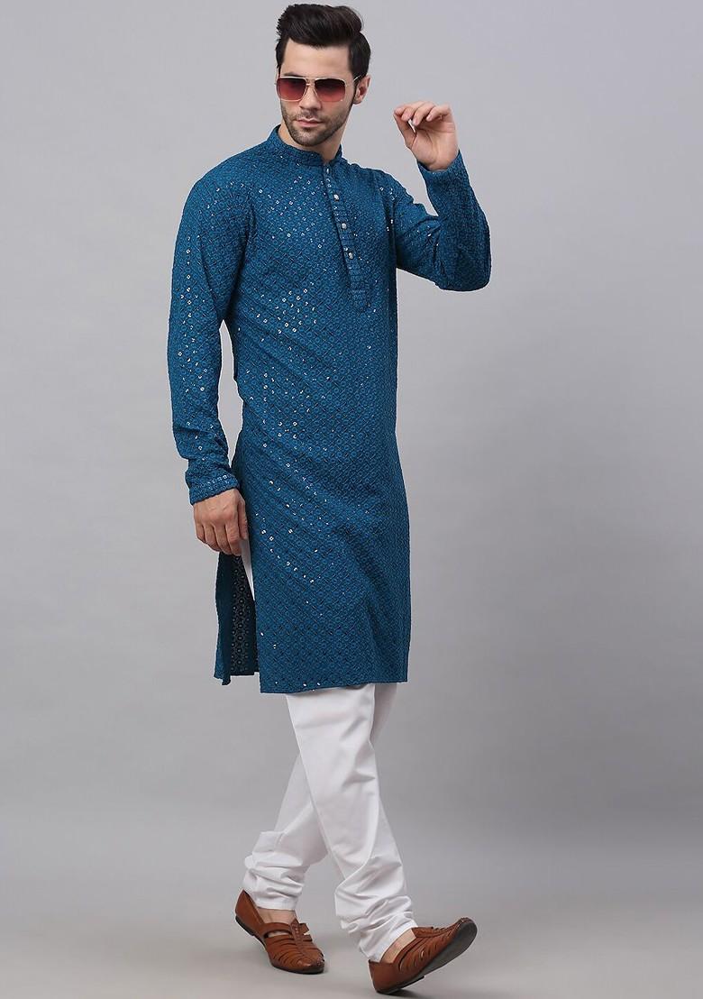Teal Blue Embroidered Poly Blend Kurta For Men
