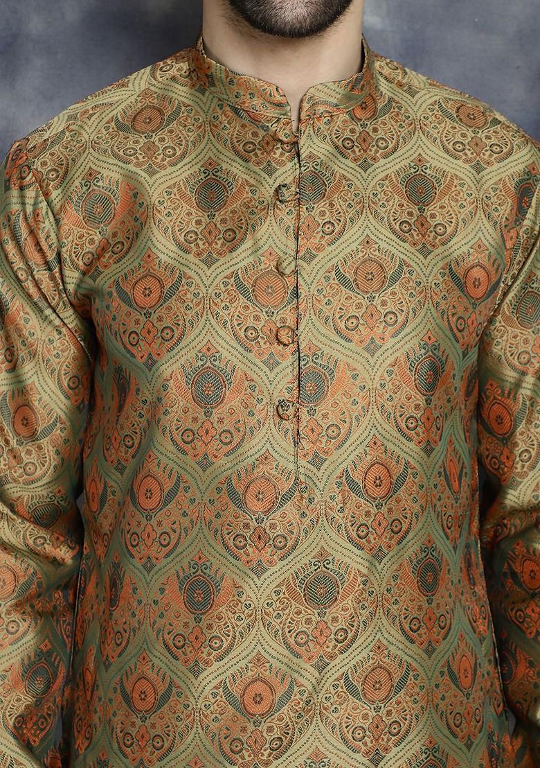 Gold Woven Design Poly Blend Kurta For Men