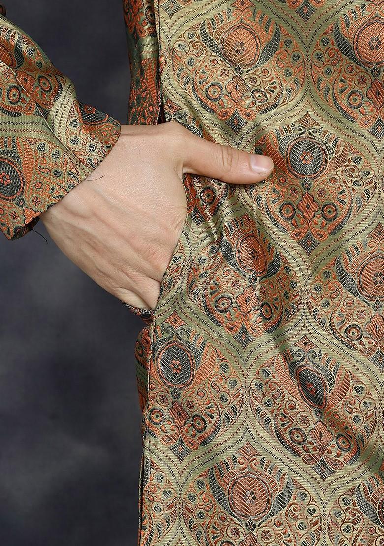 Gold Woven Design Poly Blend Kurta For Men