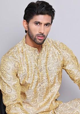 Gold Embroidered Poly Blend Kurta For Men