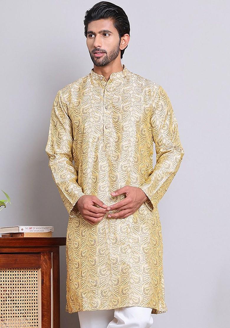 Gold Embroidered Poly Blend Kurta For Men