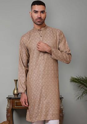 Brown Embroidered Poly Blend Kurta For Men