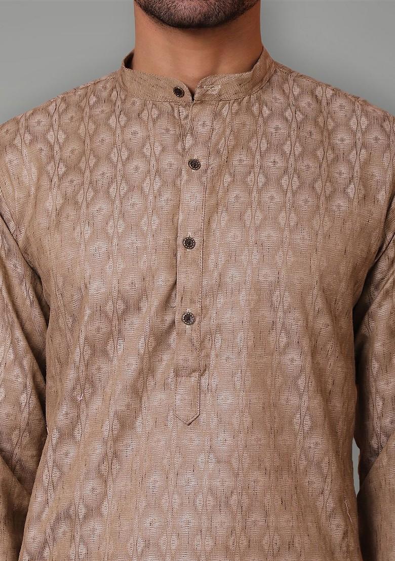 Brown Embroidered Poly Blend Kurta For Men