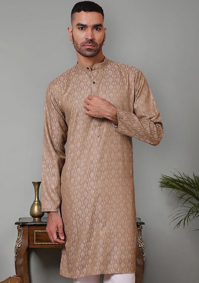Brown Embroidered Poly Blend Kurta For Men