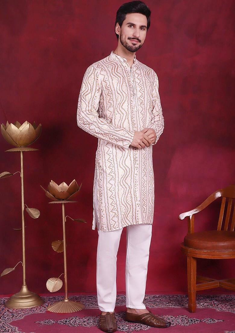 Cream Printed Poly Blend Kurta For Men