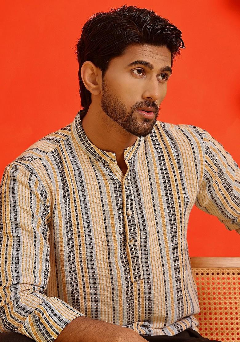 Yellow Embroidered Poly Blend Kurta For Men