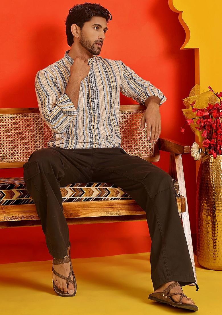 Yellow Embroidered Poly Blend Kurta For Men