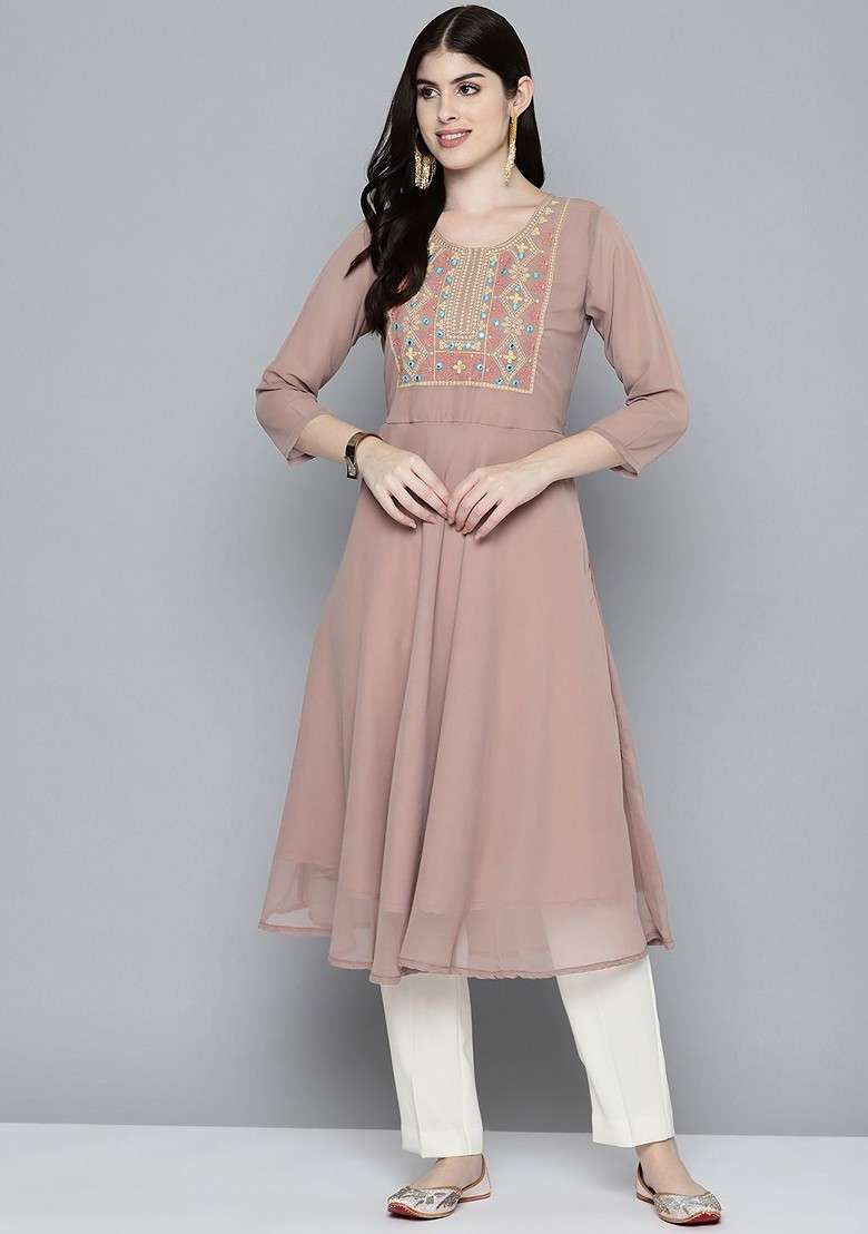 Brown Embroidered Poly Blend Kurta For Men - Indya
