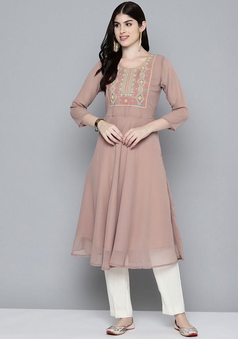 Brown Embroidered Poly Blend Kurta For Men