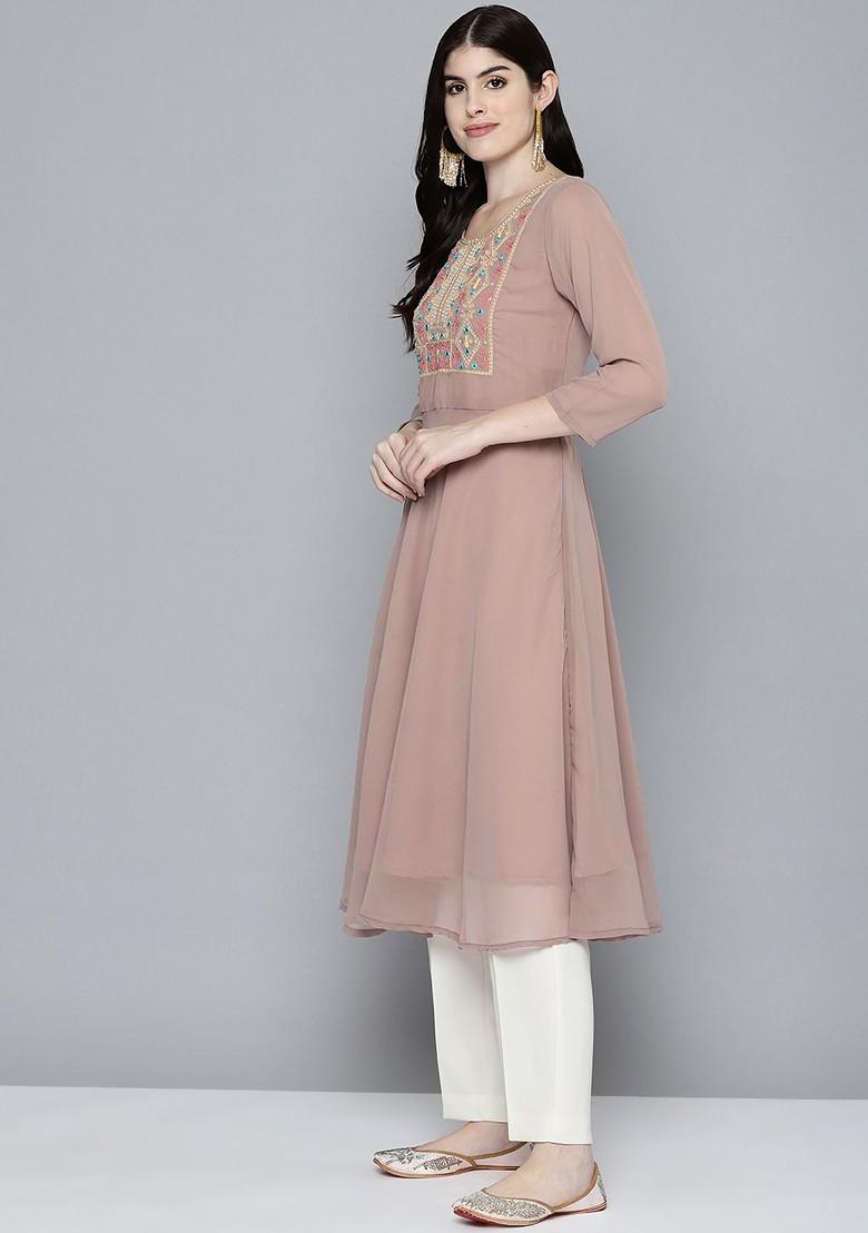 Brown Embroidered Poly Blend Kurta For Men