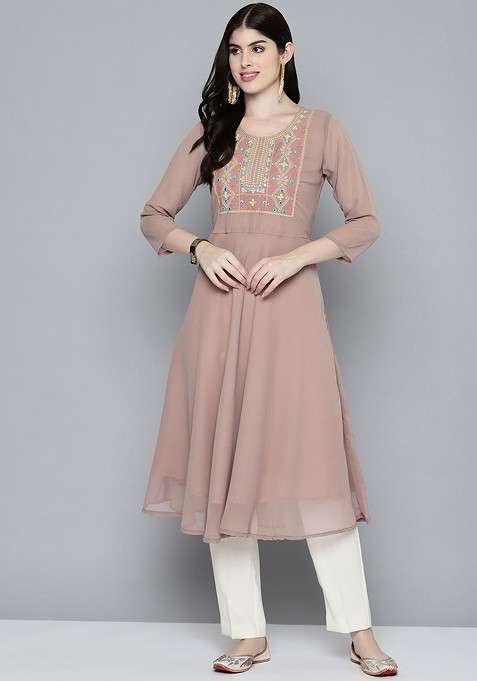 Brown Embroidered Poly Blend Kurta For Men