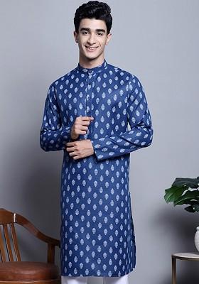Navy Blue Woven Design Poly Blend Kurta For Men
