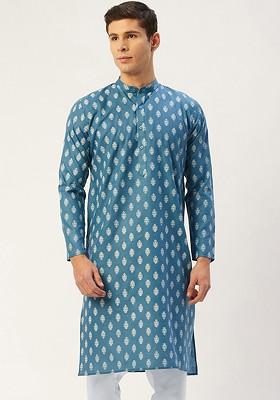 Teal Blue Ethnic Motif Poly Blend Kurta For Men