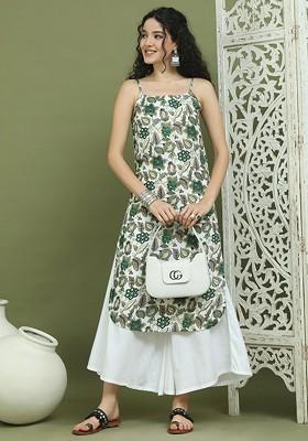 White Printed Poly Blend Kurta For Men