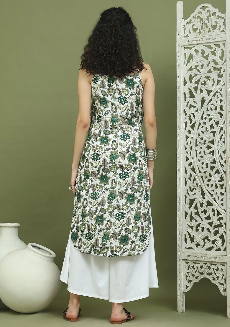 White Printed Poly Blend Kurta For Men