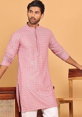 Magenta Embroidered Poly Blend Kurta For Men