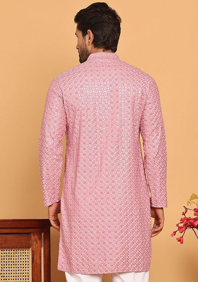 Magenta Embroidered Poly Blend Kurta For Men