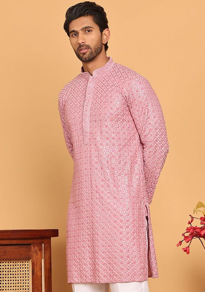 Magenta Embroidered Poly Blend Kurta For Men