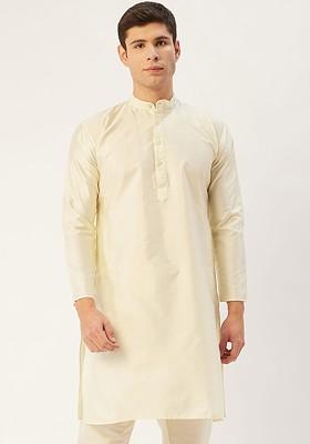 Off White Embroidered Poly Blend Kurta For Men