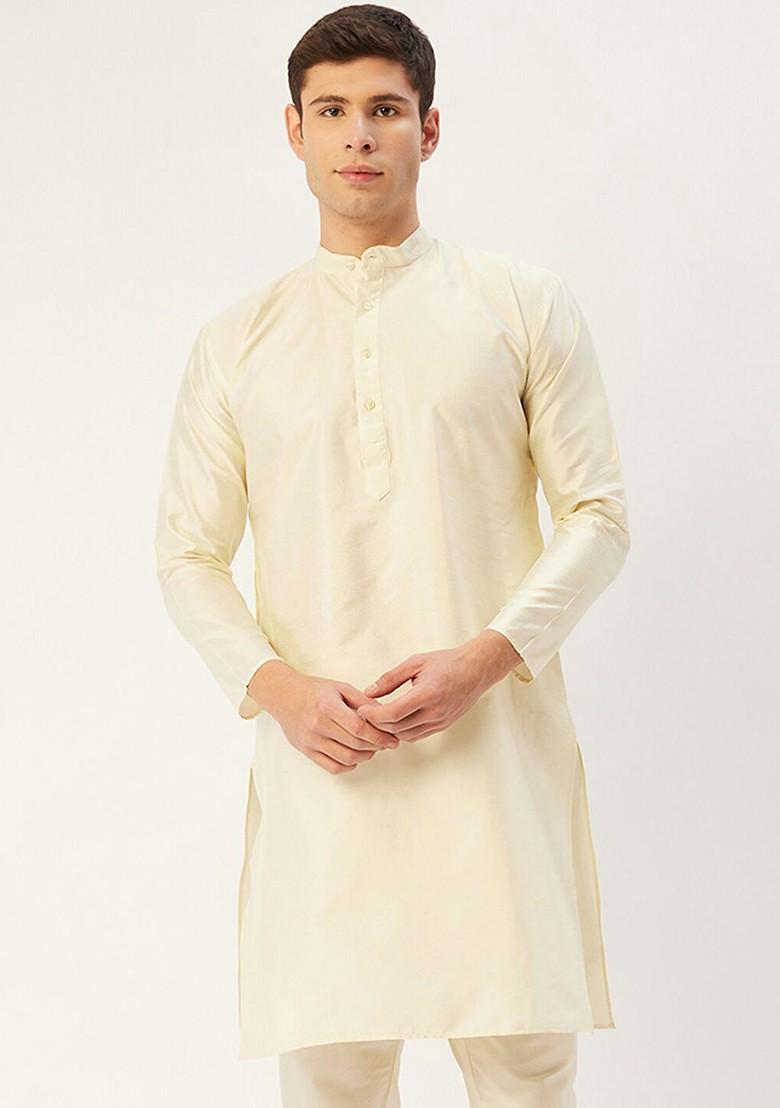 Off White Embroidered Poly Blend Kurta For Men