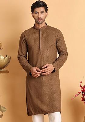 Brown Embroidered Poly Blend Kurta For Men