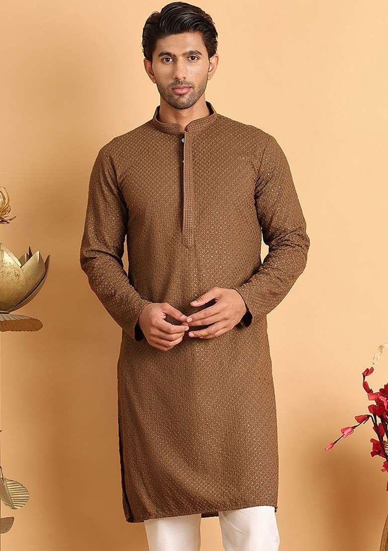 Brown Embroidered Poly Blend Kurta For Men - Indya
