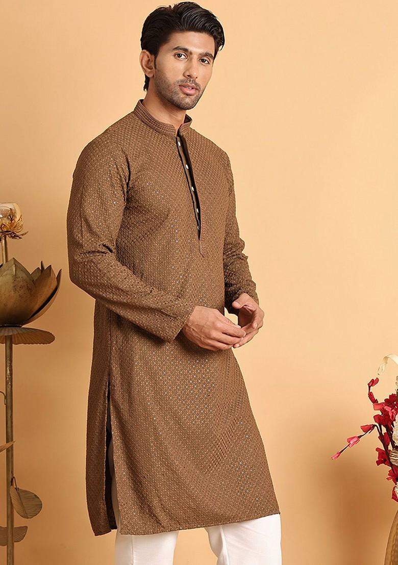 Brown Embroidered Poly Blend Kurta For Men