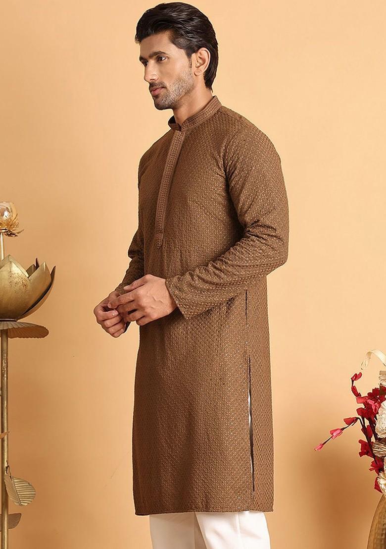 Brown Embroidered Poly Blend Kurta For Men