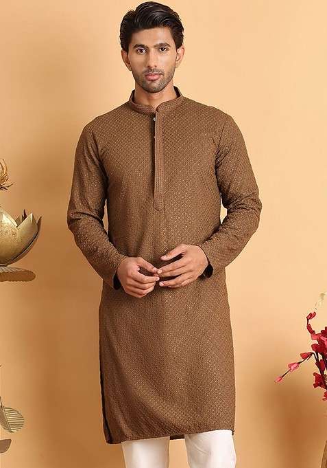 Brown Embroidered Poly Blend Kurta For Men