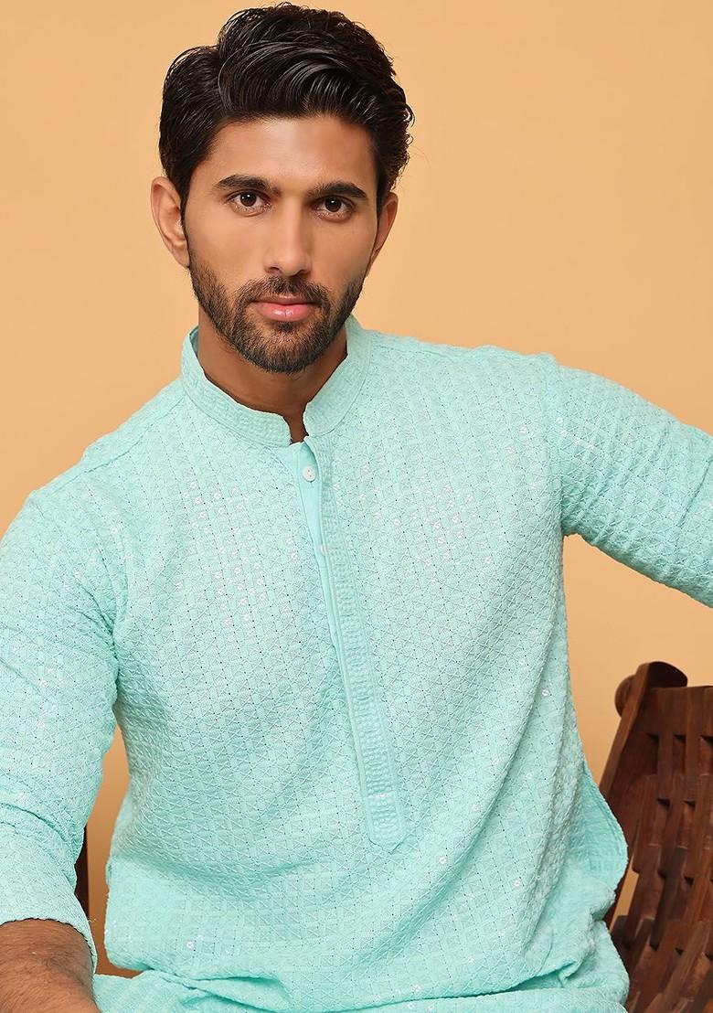 Turquoise Blue Embroidered Poly Blend Kurta For Men