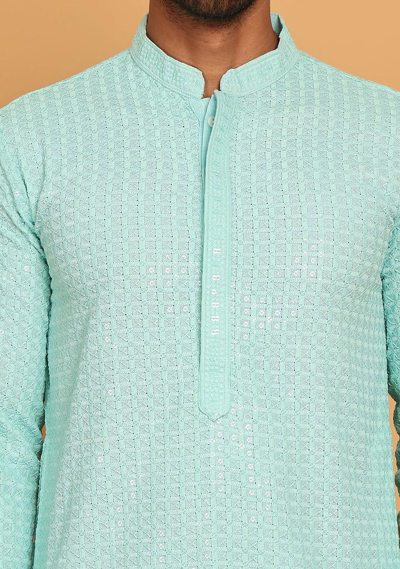 Turquoise Blue Embroidered Poly Blend Kurta For Men