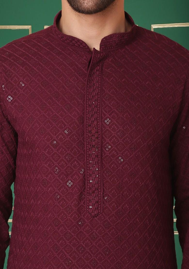 Burgundy Printed Poly Blend Kurta For Men