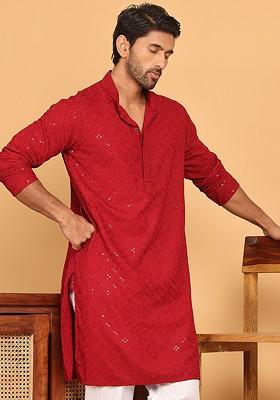 Maroon Embroidered Poly Blend Kurta For Men
