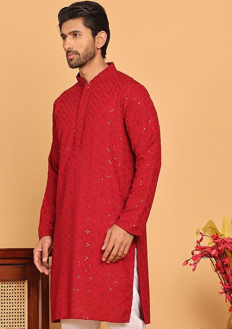 Maroon Embroidered Poly Blend Kurta For Men