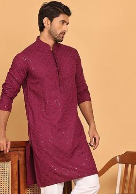 Maroon Embroidered Poly Blend Kurta For Men