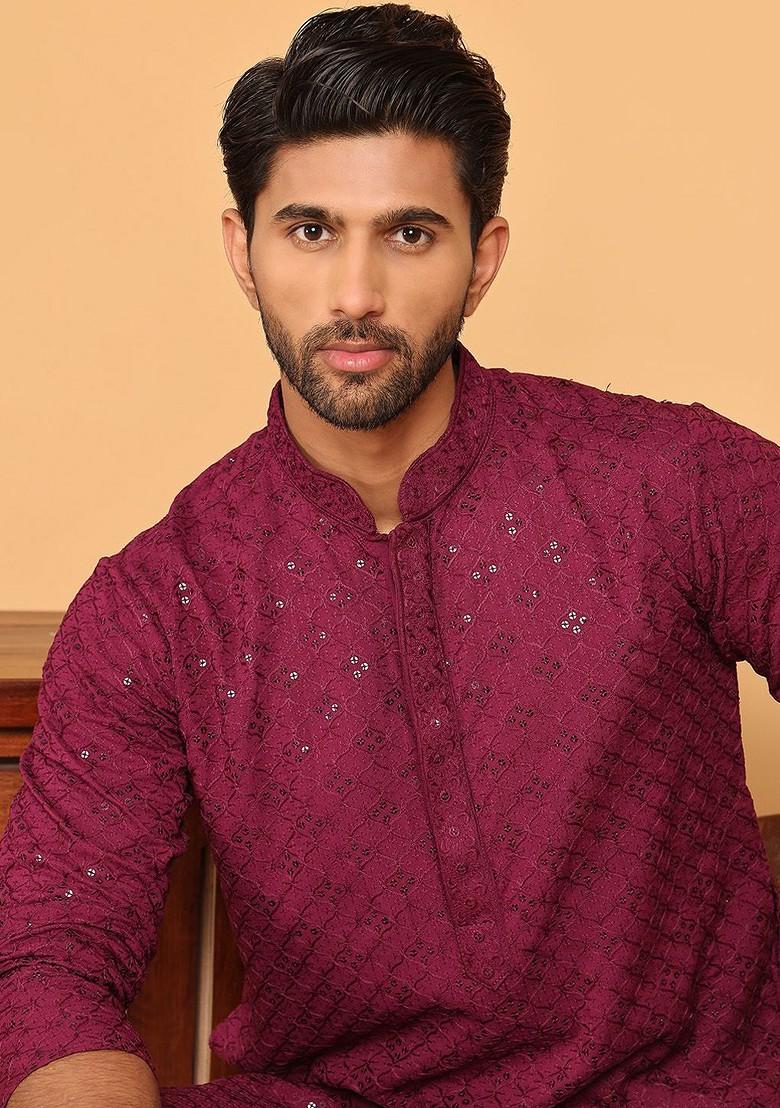 Maroon Embroidered Poly Blend Kurta For Men