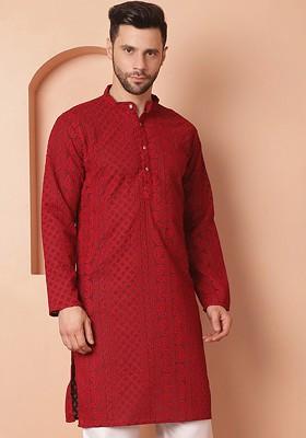 Maroon Printed Poly Blend Kurta For Men