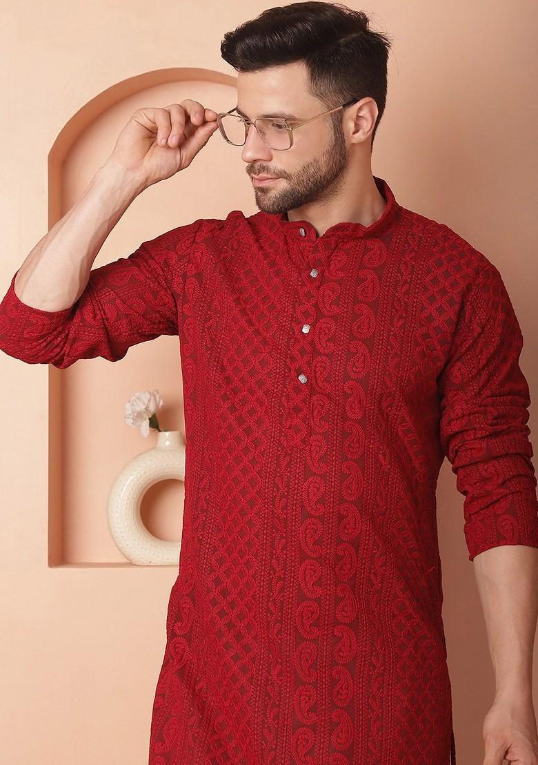 Maroon Printed Poly Blend Kurta For Men