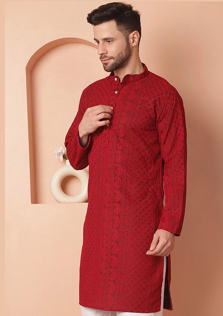 Maroon Printed Poly Blend Kurta For Men