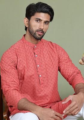 Peach Embroidered Poly Blend Kurta For Men
