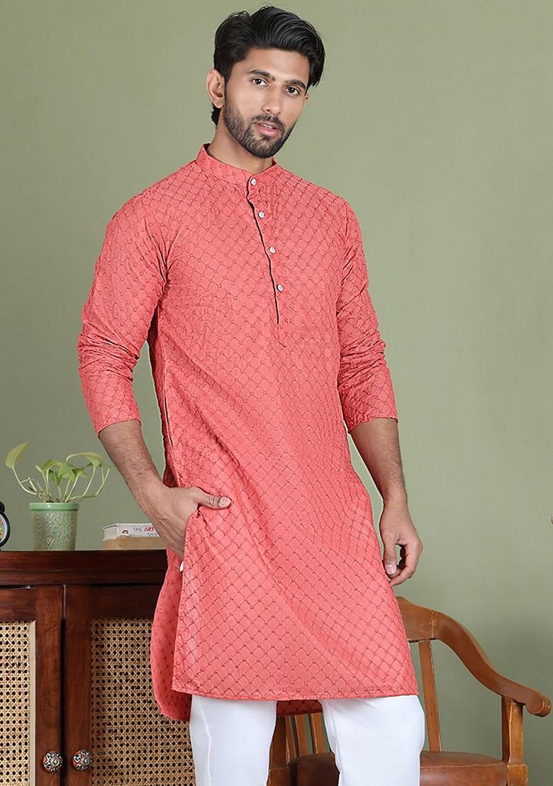 Peach Embroidered Poly Blend Kurta For Men