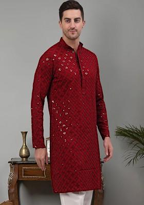 Maroon Embroidered Poly Blend Kurta For Men