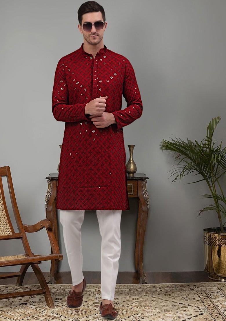 Maroon Embroidered Poly Blend Kurta For Men