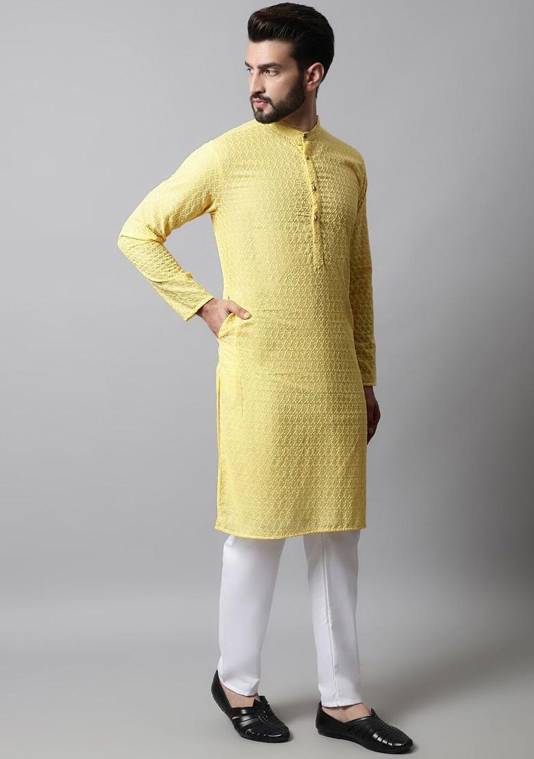 Yellow Ethnic Motif Poly Blend Kurta For Men