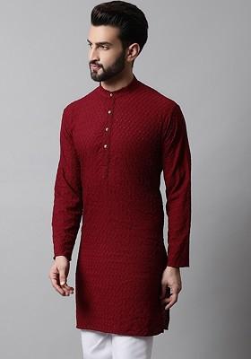Maroon Embroidered Poly Blend Kurta For Men
