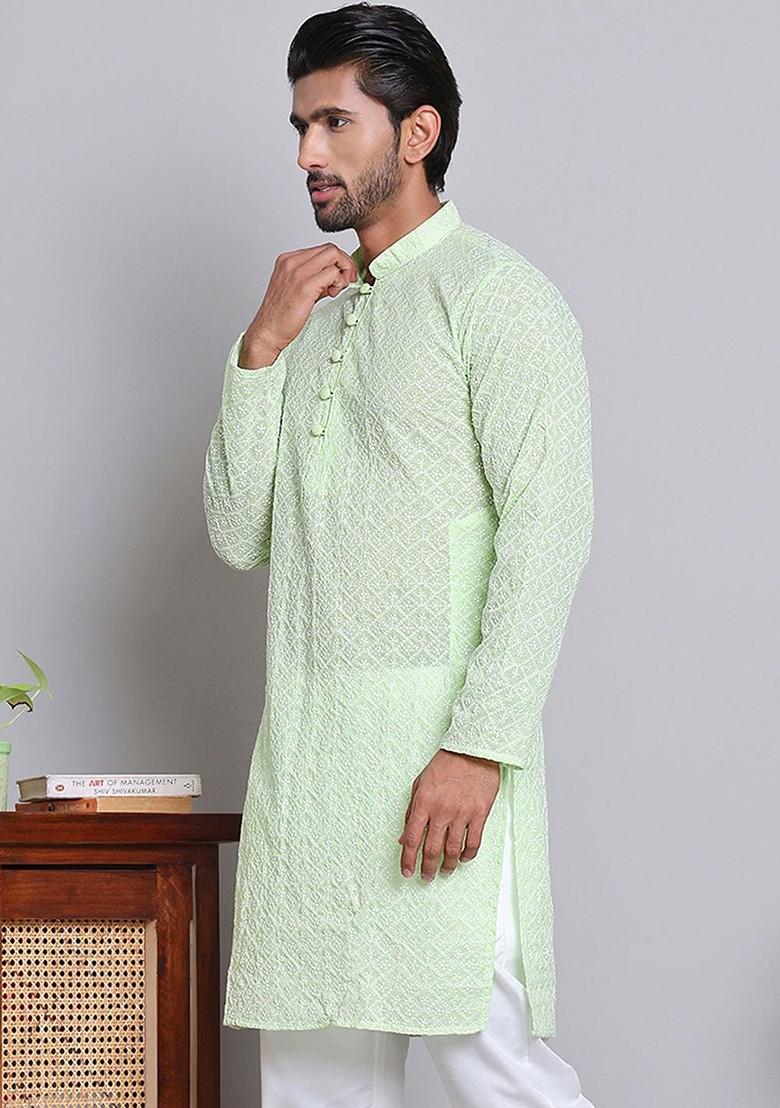 Green Embroidered Poly Blend Kurta For Men