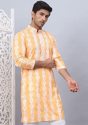 Orange Printed Poly Blend Kurta For Men